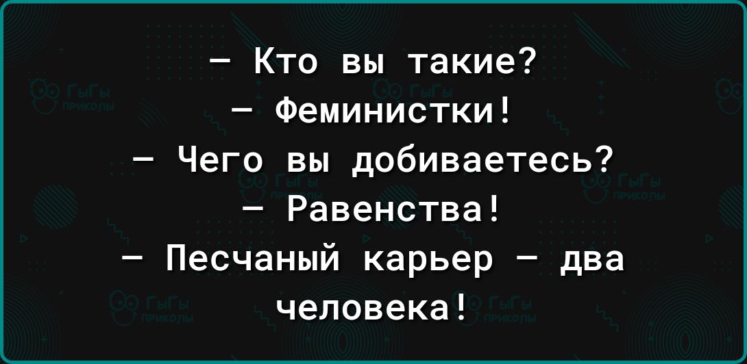 Кто вы такие Феминистки Чего вы добиваетесь Равенства Песчаный карьер два человека