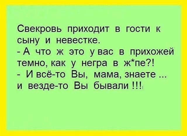 Свекровь приходит в гости к сыну и невестке А что ж это у вас в прихожей темно как у негра в жпе И всё то Вы мама знаете и вездето Вы бывали Ь