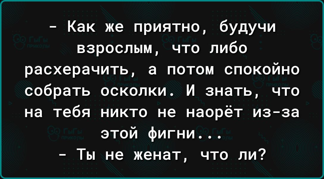 Как же приятно будучи взрослым что либо расхерачить а потом спокойно собрать осколки И знать что на тебя никто не наорёт изза этой фигни Ты не женат что ли