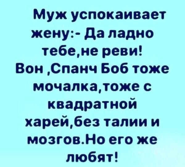 Муж успокаивает жену да ладно тебене реви Вон Спанч Боб тоже мочапкатоже с квадратной харей6ез талии и мозговНо его же любят