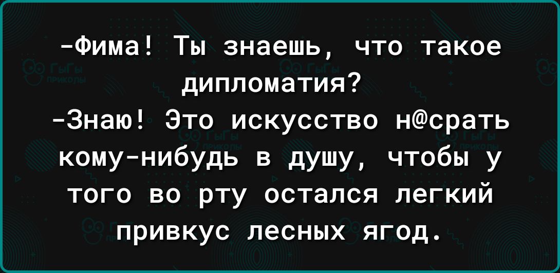 Фима Ты знаешь что такое дипломатия 3наю Это искусство Нсрать комунибудь в душу чтобы у того во рту остался легкий привкус лесных ЯГОД