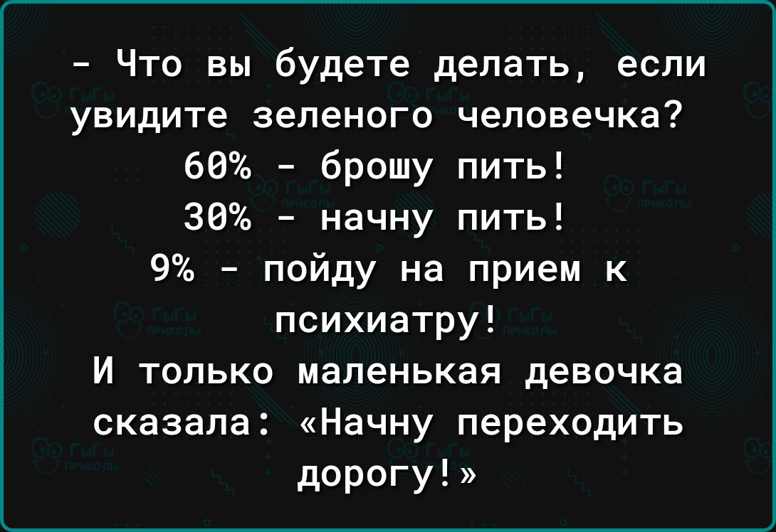 Что вы будете делать если увидите зеленого человечка 68 брошу пить 30 начну пить 9 пойду на прием к психиатру И только маленькая девочка сказала Начну переходить дорогу