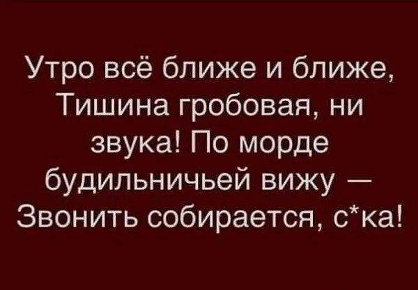 Утро всё ближе и ближе Тишина гробовая ни звука По морде будильничьей вижу Звонить собирается ска