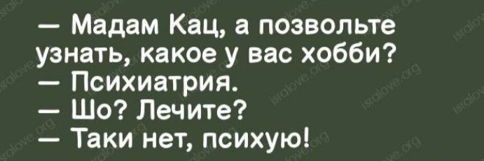 Мадам Кац а позвольте узнать какое у вас хобби Психиатрия Шо Лечите Таки нет психую