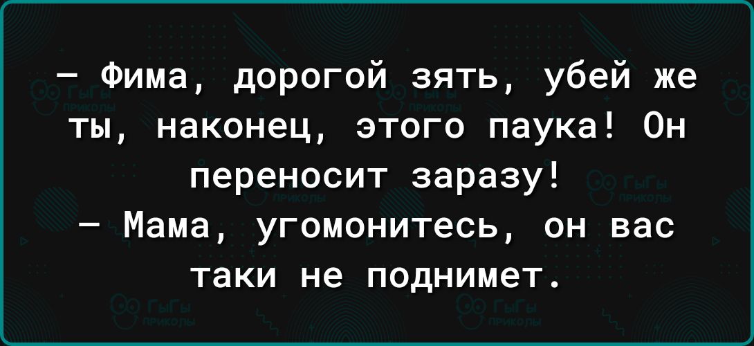 Фима дорогой зять убей же ты наконец этого паука Он переносит заразу Мама угомонитесь он вас таки не поднимет