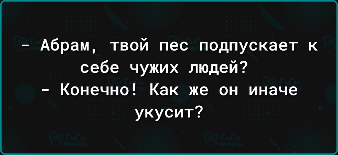 Абрам твой пес подпускает к себе чужих людей Конечно Как же он иначе укусит