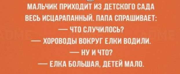 МАЛЬЧИК ПРИХОДИТ ИЗ ДЕТСКОГО САДА ВЕСЬ ИСЦАРАПАННЫЙ ПАПА СПРАШИВАЕТ Что СЛУЧИЛОСЬ ХОРОВОДЫ ВОКРУГ ЕЛКИ ВОДИЛИ