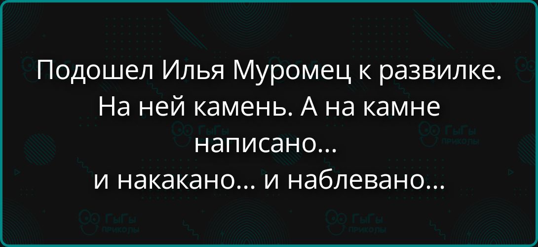 Подошел Илья Муромец к развилке. На ней камень. А на камне написано... и накакано... и наблевано...