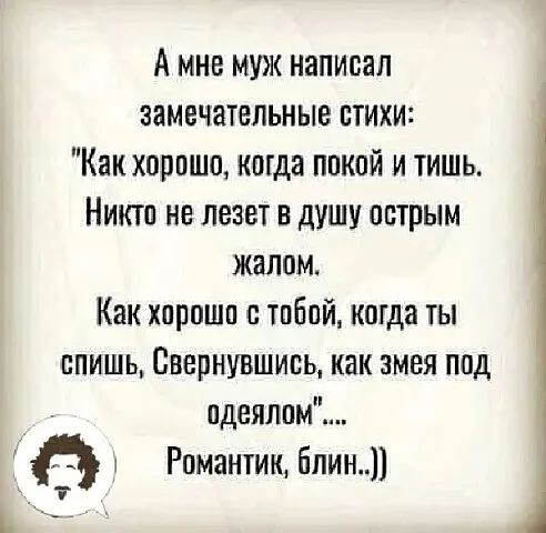 А мне муж написал замечательные стихи Как хорошо когда покой и тишь Никтп не лезет в душу острым жалом Как хпрошп тпБпй когда ты спишь Свернувшись как змея под пдеяпом а Романтик блин