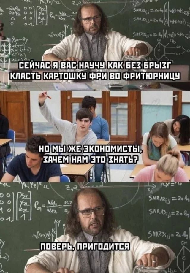 Сейчас я вас научу как без брызг класть картошку фри во фритюрницу
Но мы же экономисты, зачем нам это знать?
Поверь, пригодится