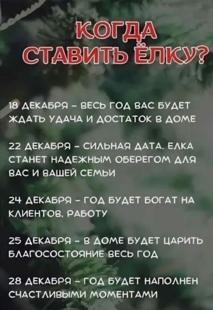 КОГ СТАВИЛЪ ЕЛУ 18 ДЕКАБРЯ ВЕСЬ ГОД ВАС БУДЕТ ЖААТЬ УДАЧА И ДОСТАТОК В ДОМЕ 22 ДЕКАБРЯ СИЛЬНАЯ ДАТА ЕЛКА СТАНЕТ НАДЕЖНЫМ ОБЕРЕГОМ ДЛЯ ВАС И ВАШЕЙ СЕМБИ 24ч ДЕКАБРЯ ГОД БУДЕТ БОГАТ НА КЛИЕНТОВ РАБОТУ 25 АЕКАБРЯ В ДОМЕ БУДЕТ ЦАРИТЬ БЛАГОСОСТОЯНИЕ ВЕСЬ ГОД 28 ДЕКАБРЯ ГОД БУДЕТ НАПОЛНЕН СЧАСТЛИВЫМИ МОМЕНТАМИ