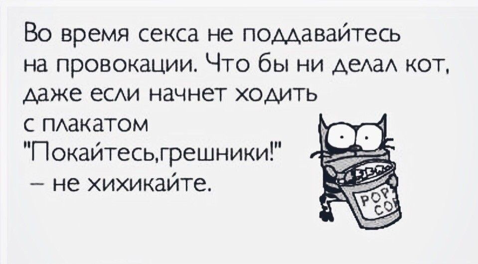 Во время секса не поддавайтесь на провокации Что бы ни Агиа кот даже еСАи начнет ходить с типом ПокайтесьгрешникиГ не хихикайте