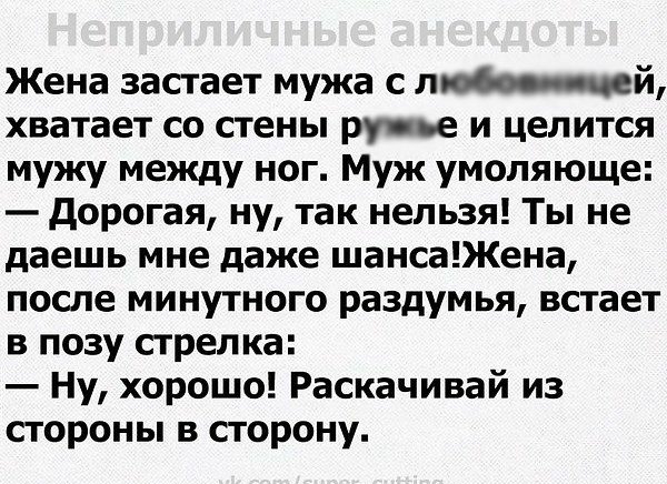 Жена засгает мужа с лосьцей хватает со стены ру ие и целится мужу между ног Муж умоляюще дорогая ну так нельзя Ты не даешь мне даже шансаЖена после минутного раздумья встает в позу сгрепка Ну хорошо Раскачивай из сгороиы в сторону