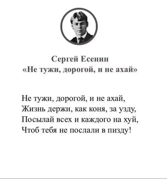 Сергей Есенин Не іужи доршпй и не ахай Не ТУжи дорогой и не ахай Жизнь держи как коня за узду Посьшай всех и каждого на хуй Чтоб тебя не послали в пизду