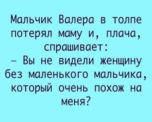Мальчик Валера в толпе потерял маму и плача спрашивает Вы не видели женщину без маленького мальчика который очень похож на меня
