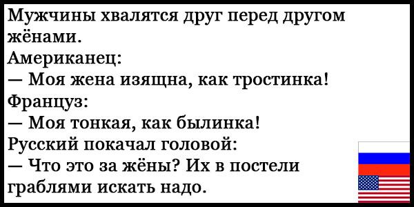 Мужчины хвалятся друг перед другом жёнами Американец Моя жена изящна как тростинка Француз Моя тонкая как былинка Русский покачал головой Что это за жёны Их в постели граблями искать надо