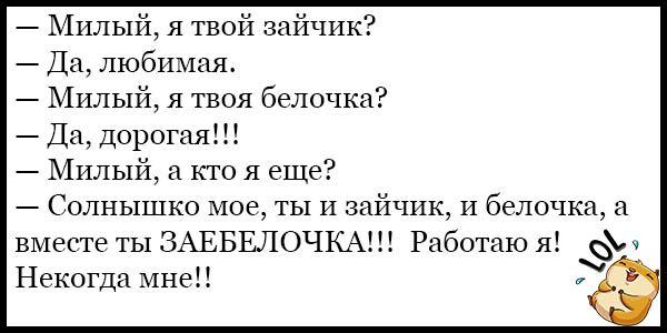 Милый я твой зайчик Да любимая Милый я твоя белочка Да дорогая Милый п кго я ещ Гопнышко мое ты и зайчик и белочка и вместе ты ЗАЕБЕПОЧКА Работаю я Некогда мне