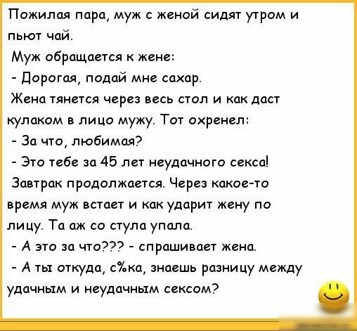 Пожилая пара муж с женой сидят утрам и пьют чай Муж обращается жене дорогая подай мне сахар Жена тянется через весь стол и кпк даст кулаком лицо мужу Тот ахренеп За что любимая Это тебе и 45 лет неудачного секса Завтрак продолжается Через какое то аремя муж встает и как ударит жену по лицу Та аж ступа упала А это за что спрашивает жена А ты откуда ска знаешь разницу между удачным и неудачным сексо