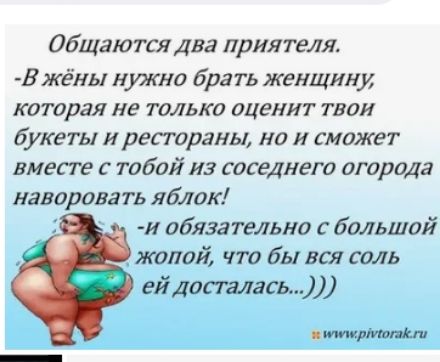 Общаются два приятеля Ежёны нужно брать женщин которая не только оценит твои букеты и рестораны но и сможет вместе с тобой из соседнего огорода наворовать яблок И ЛБЯЗЗТЕЛЬНО С большои жопой ЧТО бы ВСЯ соль вдосталась тиритпіии