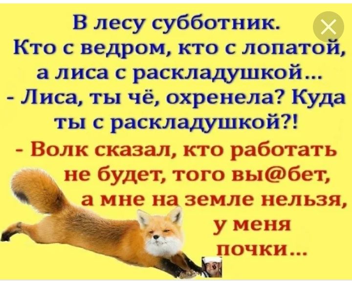 В лесу субботник Кто с ведром кто с лопатой а лиса с расклашшкой Лиса ты чёохренела Кудд ты с раскладушкой Волк сказал кто работать не будет того выбет а мне на земле нельзя у меня почки