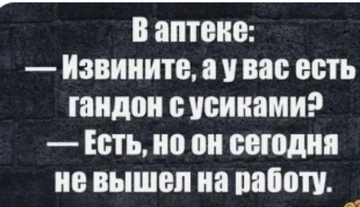 В аптека Извините и вас есть гандон усиками Есть но он сегодня не вышел на папин __