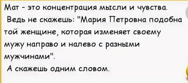 Мат это концентрация мысли и чуви а Ведь не скажешь Мария Петровна подобна той женщине которм изменяет своему мужу направо и налево с разными мужчинами А скджешь одним словом 1