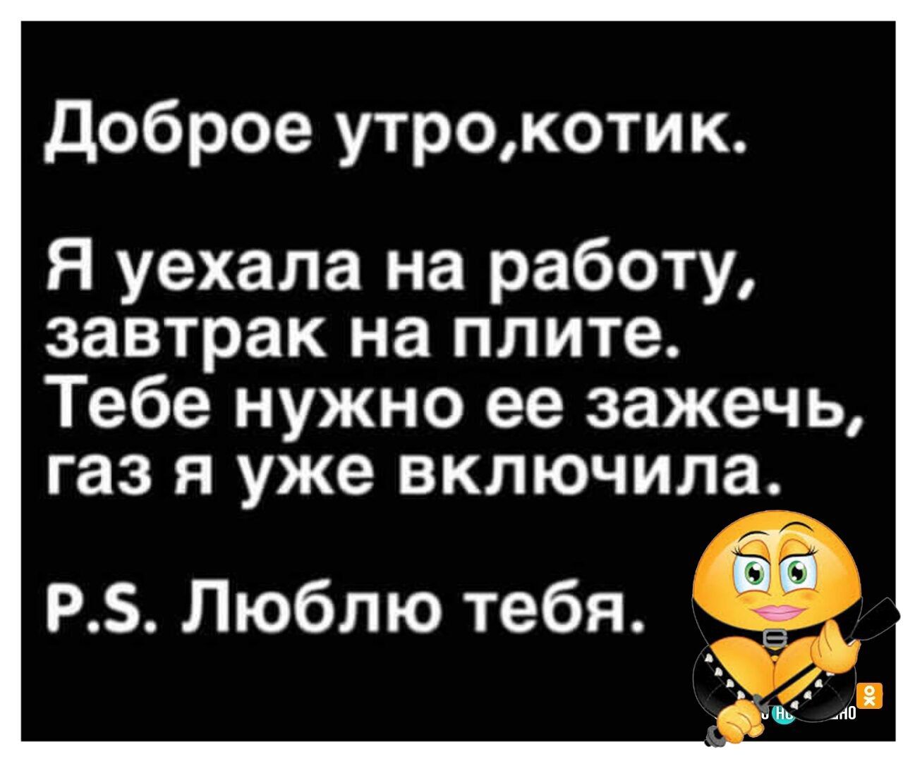 доброе утрокотик Я уехала на работу завтрак на плите Тебе нужно ее зажечь газ я уже включила БЧ Р Люблю тебя