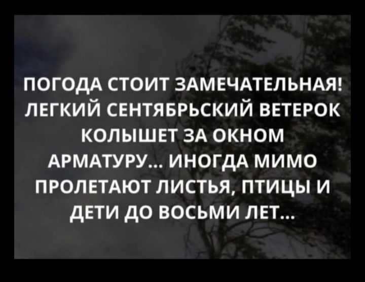 ПОГОДА СТОИТ ЗАМЕЧАТЕЛЬНАЯ ЛЕГКИЙ СЕНТЯБРЬСКИЙ ВЕТЕРОК КОЛЫШЕТ ЗА ОКНОМ АРМАТУРУ ИНОГДА МИМО ПРОЛЕТАЮТЛИСТЬЯ ПТИЦЫ И дЕТИ до ВОСЬМИ ЛЕТ