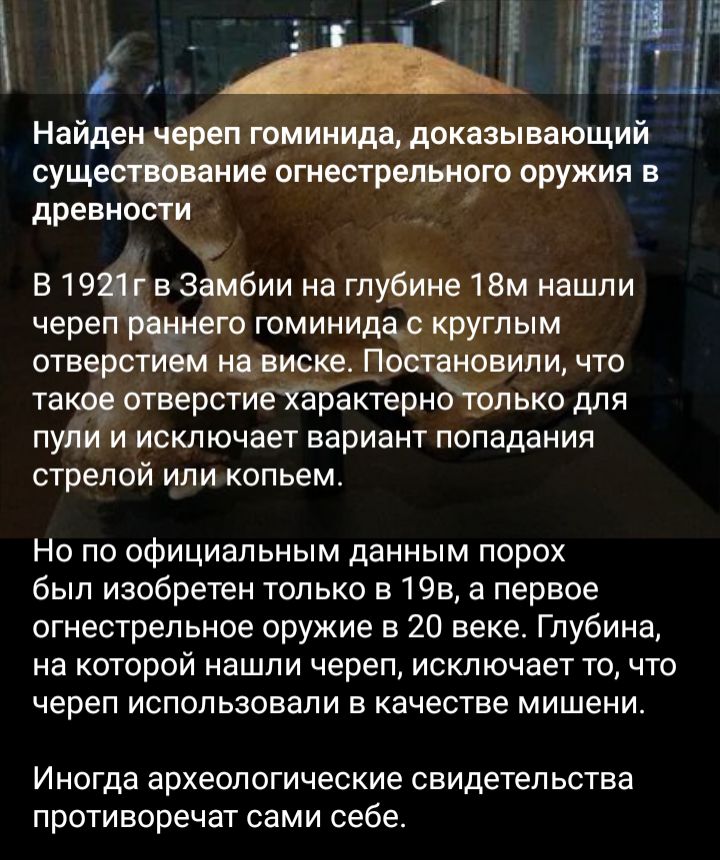 Найдецёереп гоминидв доказывающий сущестнёвание огнестрельного оружия в древности в 1931г в Замбии на глубине 18м нашпи череп раннего юминидас круглым отверстием нависке Поётёёвили что такое отверстиёіцбактерно лькодля пули и исключает вариант попадания стрелой или копьем Но по официальным данным порох был изобретен только в 195 в первое огнестрельное оружие в 20 веке Глубина на которой нашли чере