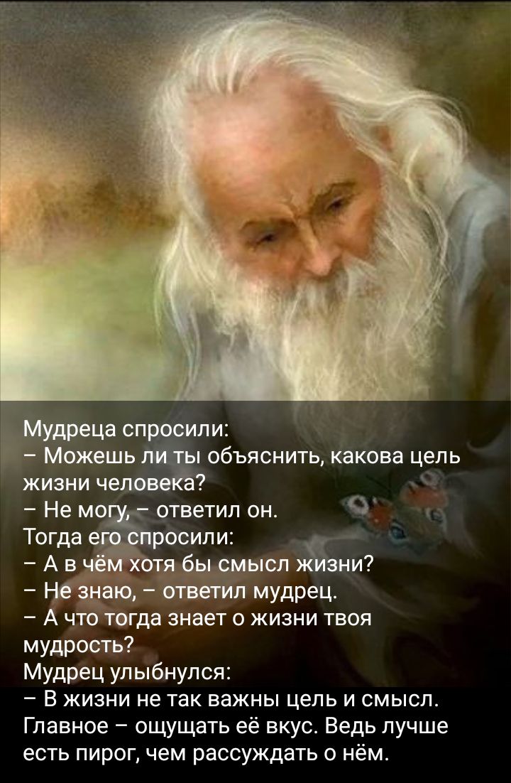 а справили Межешь объяснить какова цель жизни ч Не мо ответил он Тогда росипи _ А в гл быриысл мяии _ мау ю мудрец А что тогда знает о жизни твоя мудрость Мудрец улыбнулся В жизни не так важны цепь и смысл Главное ощущать её вкус Ведь лучше есть пирог чем рассуждать о нём
