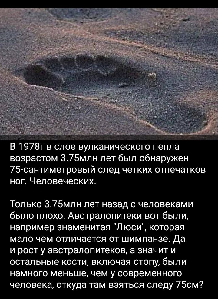В 1978г в слое вулканического пепла возрастом 375млн лет был обнаружен 75сантиметровый след четких отпечатков ног Чеповеческих Только 375мпн лет назад человеками было плохо Австрапопитеки вот были например знаменитая Пюси которая мало чем отличается от шимпанзе да и рост у австралопитеков а значит и остап ьные кости включая стопу быпи намного меньше чем у современного человека откуда там взяться с