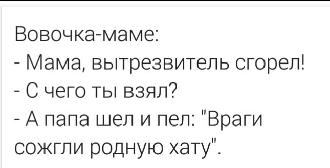 Вовочкамаме Мама вытрезвитель сгорел С чего ты взял А папа шел и пел Враги сожгли родную хату