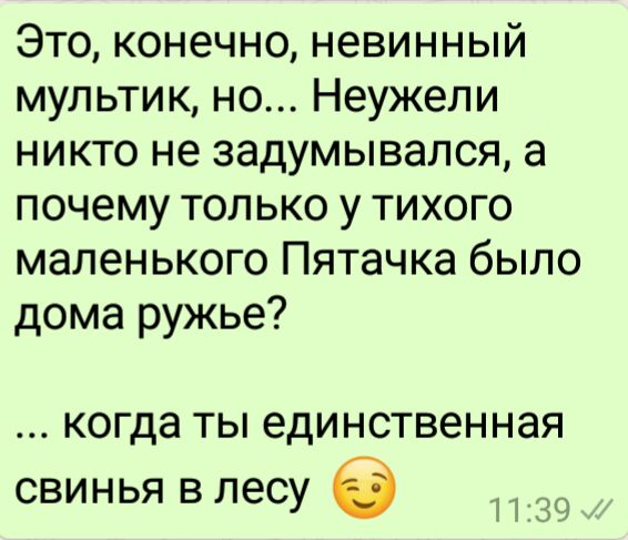 Это конечно невинный мультик но Неужели никто не задумывался а почему только у тихого маленького Пятачка было дома ружье когда ты единственная свинья влесу
