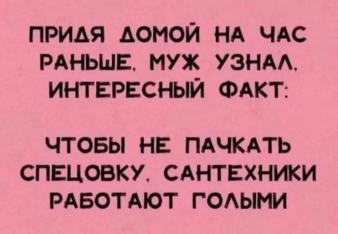 ПРИАЯ АОНОЙ НА ЧАС РАНЬШЕ муж УЗНАА ИНТЕРЕСНЫЙ ФАКТ ЧТОБЫ НЕ ПАЧКАТЬ СПЕЦОБКУ САНТЕХНИКИ РАБОТАЮТ ГОАЫМИ