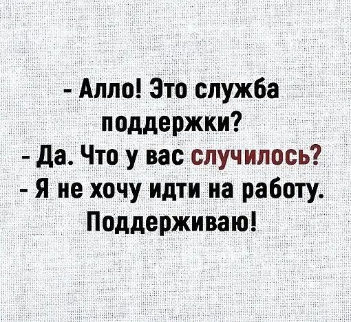 Алло Зто служба поддержки да Что у вас случилось я не хочу идти на работу Поддерживаю