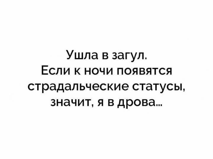 Ушла в загул Если к ночи появятся страдальческие статусы значит я в дрова