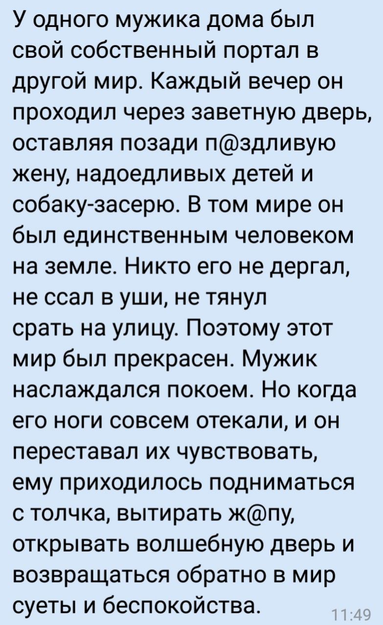 У одного мужика дома был свой собственный портал в другой мир Каждый вечер он проходил через заветную дверь оставляя позади пздливую жену надоедливых детей и собаку засерю В том мире он был единственным человеком на земле Никто его не дергал не ссал в уши не тянул срать на улицу Поэтому этот мир был прекрасен Мужик наслаждался покоем Но когда его ноги совсем отекали и он переставал их чувствовать 