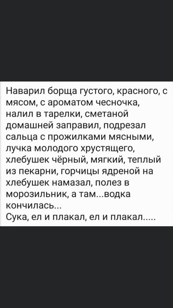 Наварил борща густого красного с мясом с ароматом чесночка налил в тарелки сметаной домашней заправил подрезал сальца с прожилками мясными лучка молодого хрустящего хлебушек чёрный мягкий теплый из пекарни горчицы ядреной на хлебушек намазал полез в морозильник а тамводка кончилась Сука ел и плакал ел и плакал