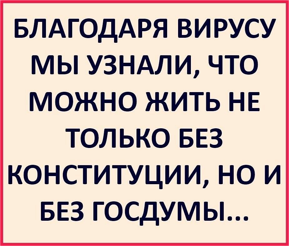 БЛАГОДАРЯ ВИРУСУ МЫ УЗНАЛИ ЧТО МОЖНО ЖИТЬ НЕ только БЕЗ конституции но и БЕЗ госдумы
