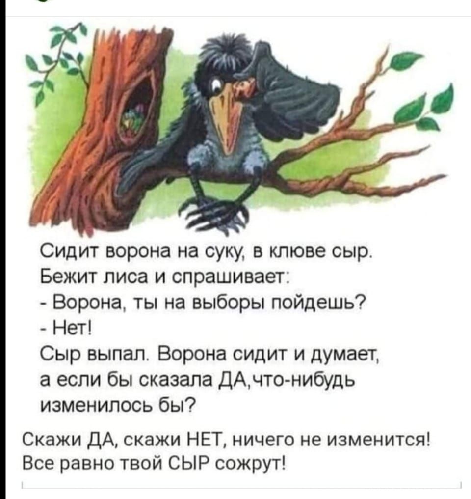 Сидит ворона на суку в клюве сыр Бежит лиса и спрашивает Ворона ты на выборы пойдешь Нет Сыр выпал Ворона сидит и думает а если бы сказала ДАчто нибудь изменилось бы Скажи ДА скажи НЕТ ничего не изменится Все равно твой СЫР сожрут
