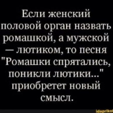 Если женский половой орган назвать ромашкой а мужской лютиком то песня Ромашки спрятались поникли лютики приобретет новый смысл