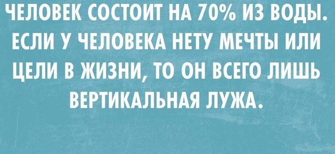 ЧЕЛОВЕК СОСТОИТ НА 70 ИЗ ВОДЫ ЕСЛИ У ЧЕЛОВЕКА НЕТУ МЕЧТЫ ИЛИ ЦЕЛИ В ЖИЗНИ ТО ОН ВСЕТО ЛИШЬ ВЕРТИКАЛЬНАЯ ЛУЖА