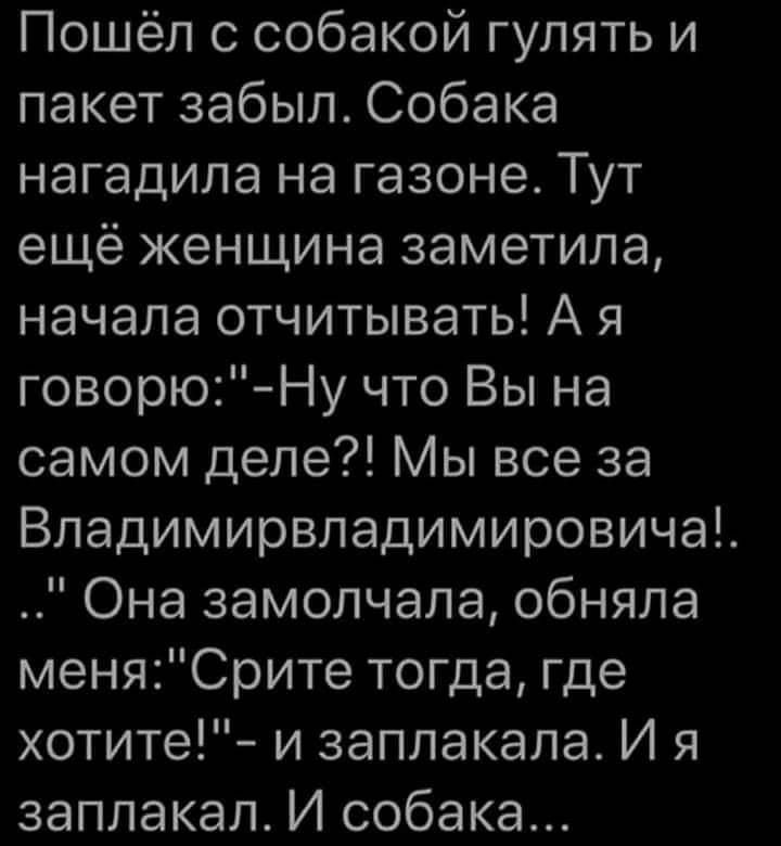 Пошёл с собакой гулять и пакет забыл Собака нагадила на газоне Тут ещё женщина заметила начала отчитывать А я говорюНу что Вы на самом деле Мы все за Владимирвладимировича Она замолчала обняла меняСрите тогда где хотите и заплакала И я заплакал И собака