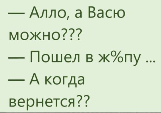 Алло а Васю можно Пошел в жпу А когда вернется
