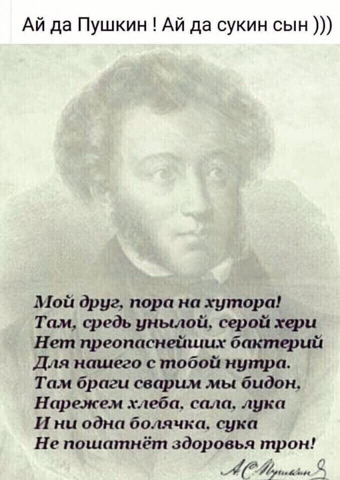 Ай да Пушкин Ай да сукин сын Мой друг пора на хутора Там средь унылой серой хери Нет преопаснейших бактфий Для нищего с тобой нутри Там браги сварши мы бидон Нарежем хлеба сала лука И ни одна болячки сука Не пошатнёт здоровья трон ММ с