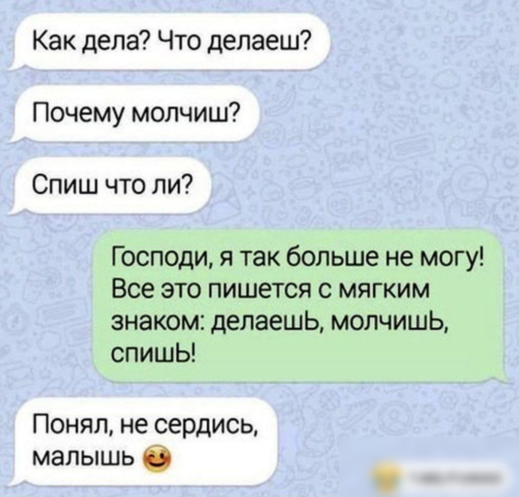 Как дела Что делаеш Почему молчиш Спиш что ли Господи я так больше не могу Все это пишется с мягким знаком делаешь молчишь СПИШЫ Понял не сердись малышь