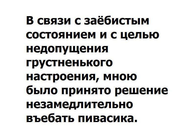 В связи с заёбистым состоянием и с целью недопущения грустненького настроения мною было принято решение незамедлительно въебать пивасика