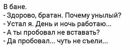 В бане Здорово братан Почему унылый Устал я день и ночь работаю А ты пробовал не вставать да пробовал чуть не съели