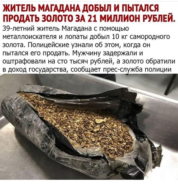 ЖИТЕЛЬ МАГАДАНА дОБЫЛ И ПЫТАЛСЯ _ ПРОДАТЬ ЗОЛОТО ЗА 21 МИЛЛИОН РУБЛЕИ 39летний житель Магадана с помощью металлоискателя и лопаты добыл 10 кг самородного золота Полицейские узнали об этом когда он пытался его продать Мужчину задержали и оштрафовали на его тысяч рублей а золото обратили в доход государства сообщает пресслужба полиции