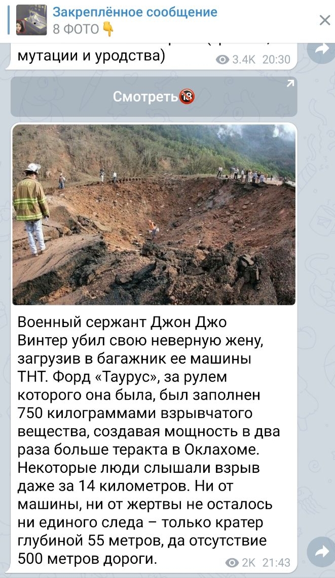 Закреппённое сообщение 8 ФОТО мутации и уродства Военный сержант Джон Джо Винтер убил свою неверную жену загрузив в багажник ее машины ТНТ Форд Таурус за рулем которого она была был заполнен 750 килограммами взрывчатого вещества создавая мощность в два раза больше теракта в Оклахоме Некоторые люди слышали взрыв даже за 14 километров Ни от машины ни от жертвы не осталось ни единого следа только кра